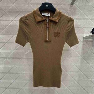 Miu Miu Tan Ribbed Polo Top